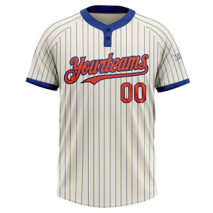 Custom Name and Number Personalized Unisex Softball Jersey - Cream Royal Pinstripe Orange Two-Button Design Personalized