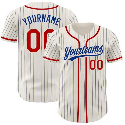 Personalized Red Pinstripe Baseball Jersey - Cream Color Custom Jersey for Fans Personalized Cream Royal Pinstripe Red Baseball