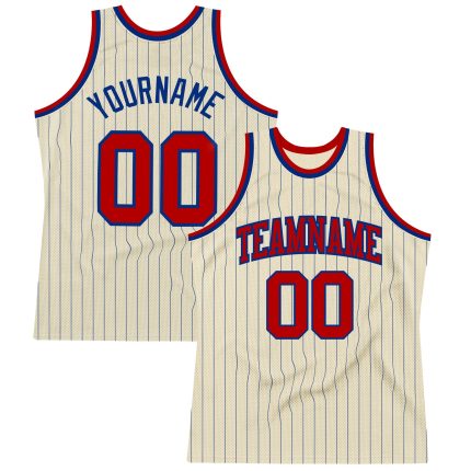 Personalized Red Basketball Jersey with Cream Royal Pinstripe Design Personalized Cream Royal Pinstripe Red Basketball Jersey