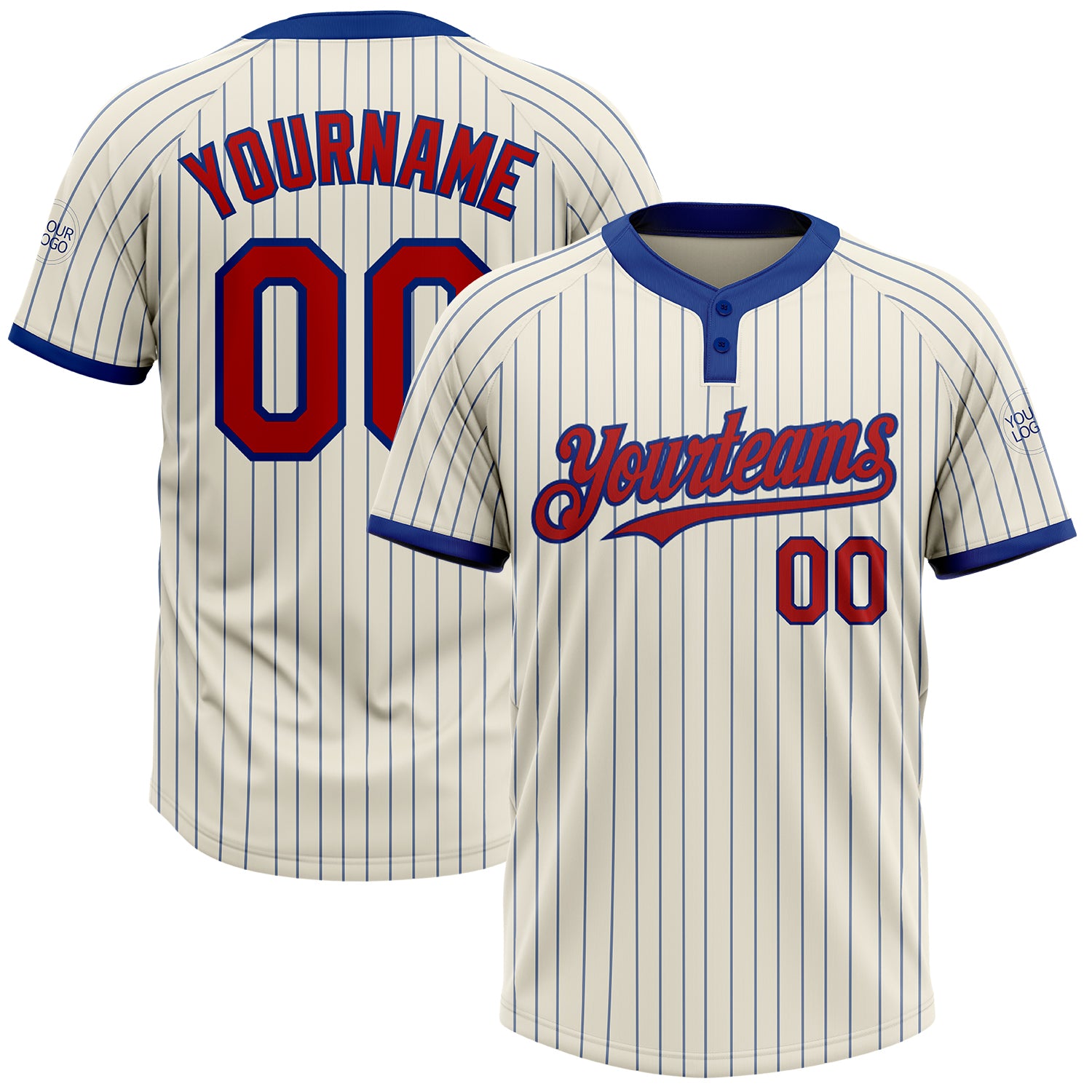 Custom Name and Number Unisex Softball Jersey - Personalized Cream Royal Pinstripe Two-Button Design Personalized Cream Royal