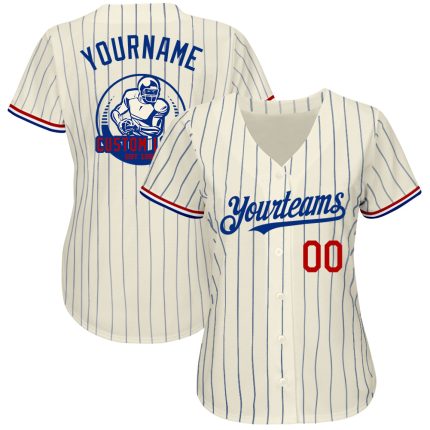 Custom Red-White Pinstripe Cream Baseball Jersey - Personalized Team Apparel Personalized Cream Royal Pinstripe Red-White