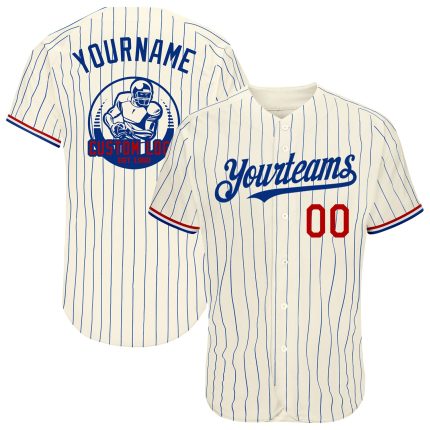 Custom Red-White Pinstripe Cream Baseball Jersey - Personalized Team Apparel Personalized Cream Royal Pinstripe Red-White