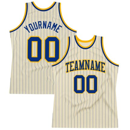 Personalized Royal Gold Basketball Jersey - Cream Pinstripe Design Personalized Cream Royal Pinstripe Royal-Gold Basketball