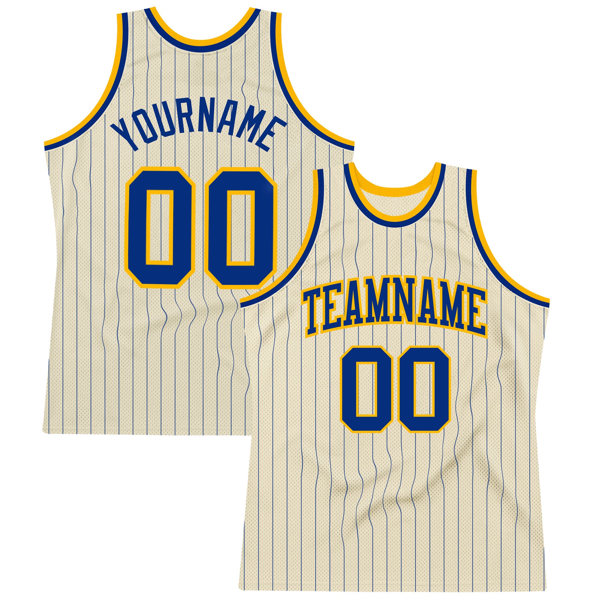 Personalized Royal Gold Basketball Jersey - Cream Pinstripe Design Personalized Cream Royal Pinstripe Royal-Gold Basketball