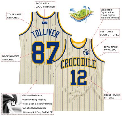 Personalized Royal Gold Basketball Jersey - Cream Pinstripe Design Personalized Cream Royal Pinstripe Royal-Gold Basketball