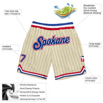 Custom Name Number Basketball Shorts - Personalized Cream Royal Pinstripe Royal-Red Authentic Team Gear Personalized Cream