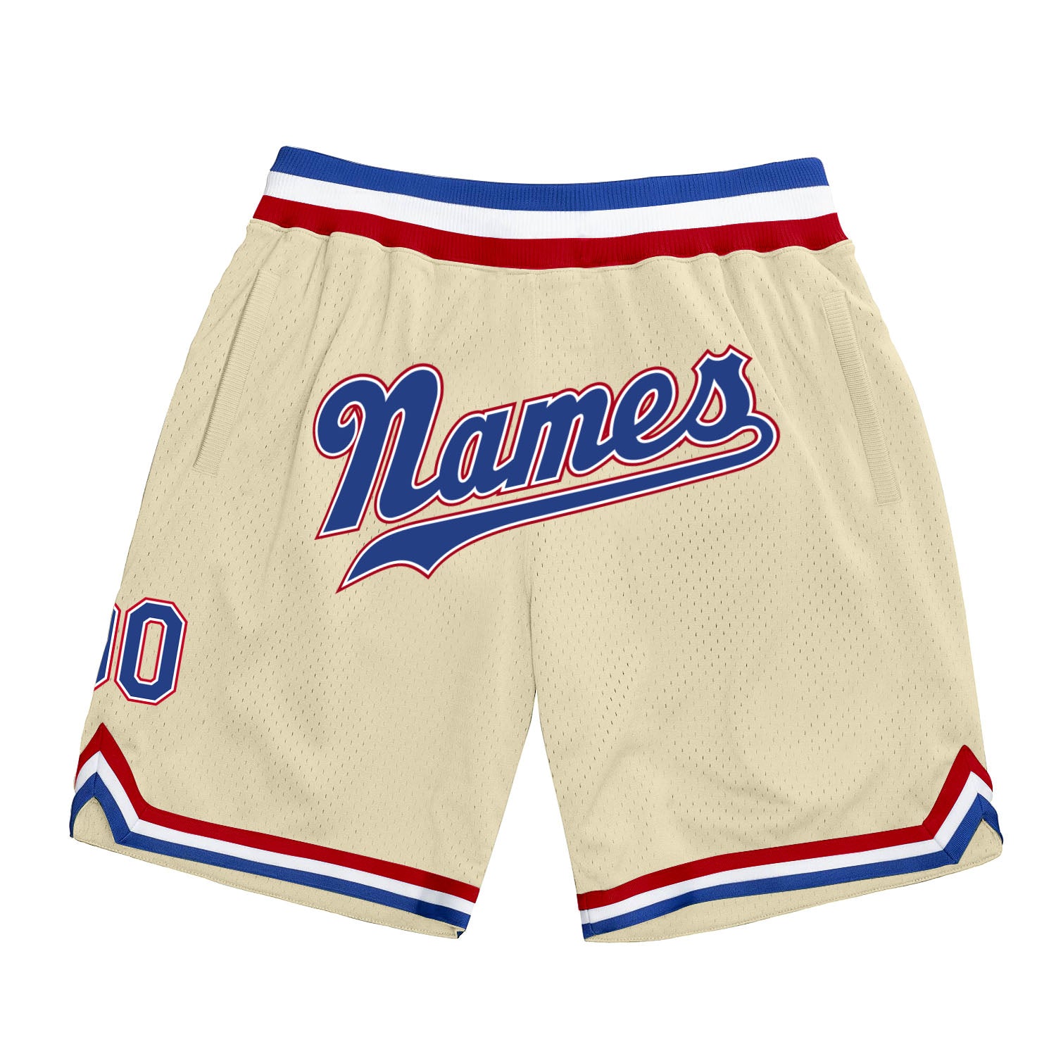 Custom Name and Number Authentic Throwback Basketball Shorts - Personalized Cream Royal-Red Team Gear Personalized Cream