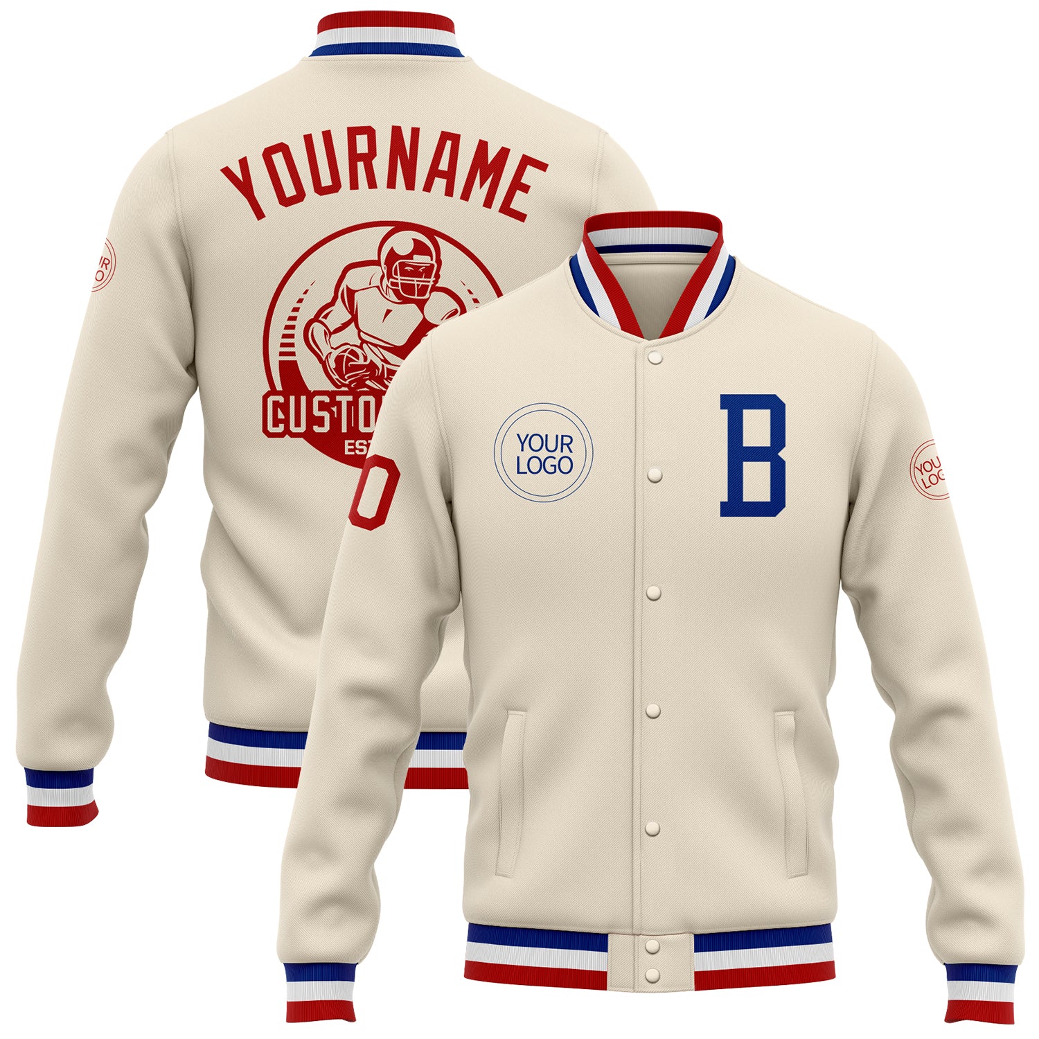 Custom Name and Number Varsity Letterman Jacket Cream Royal-Red Bomber Full-Snap Personalized Cream Royal-Red Bomber Full-Snap