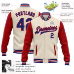 Personalized Royal-Red Cream Two Tone Varsity Letterman Bomber Jacket Full-Snap Personalized Cream Royal-Red Bomber Full-Snap