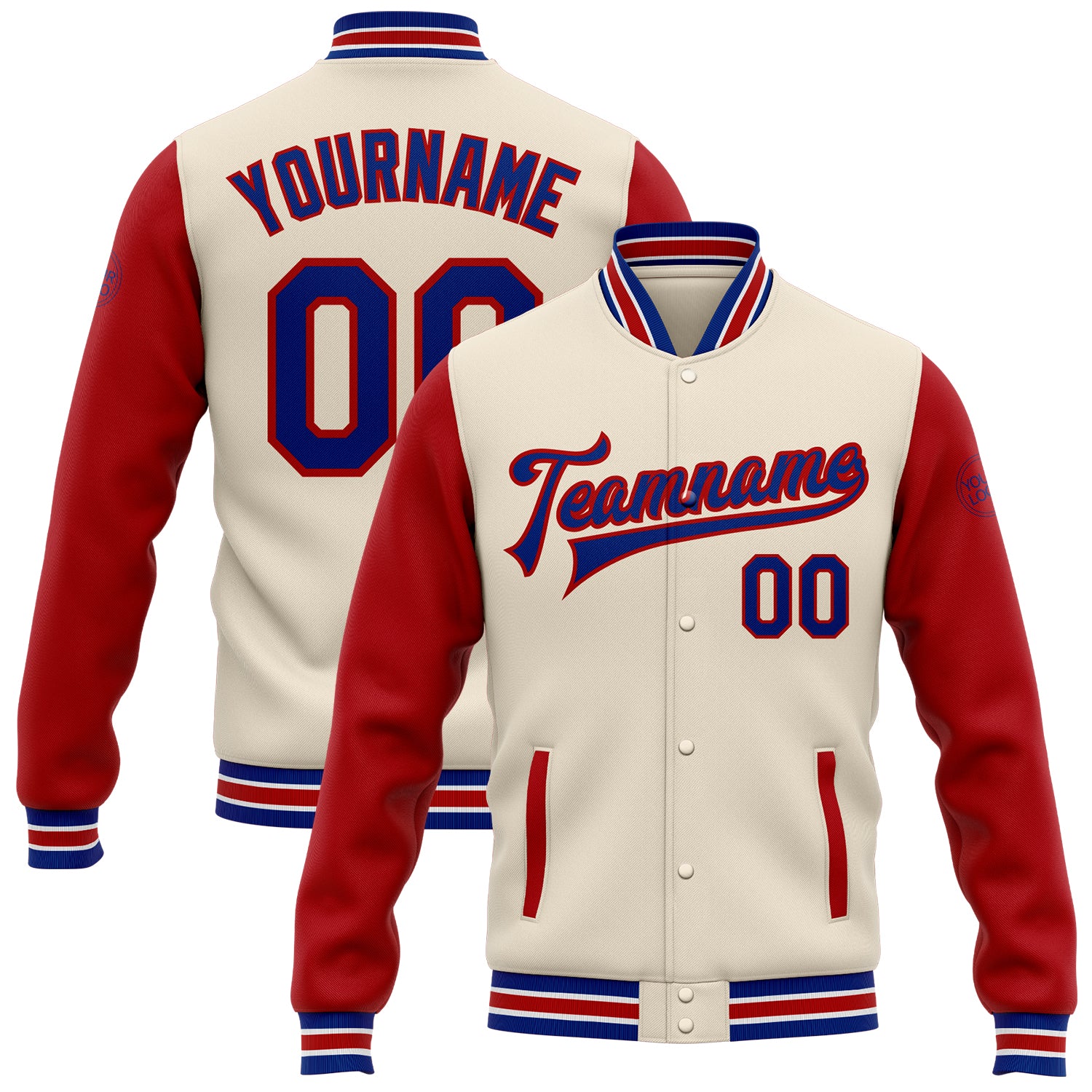 Custom Name and Number Varsity Letterman Bomber Jacket Cream Royal-Red Two Tone Full-Snap Personalized Cream Royal-Red Bomber