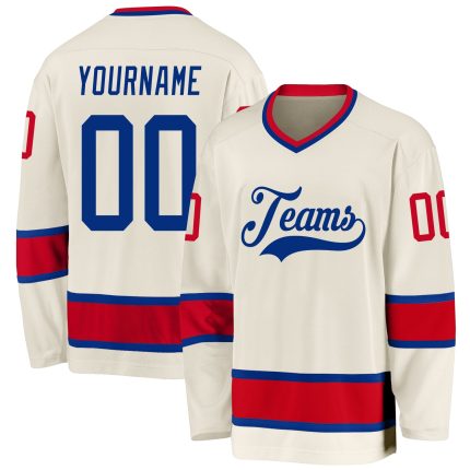 Personalized Royal-Red Hockey Jersey - Custom Cream Hockey Jersey for Fans Personalized Cream Royal-Red Hockey Jersey