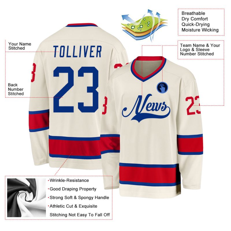 Custom Name and Number Personalized Royal-Red Hockey Jersey Team Apparel Personalized Cream Royal-Red Hockey Jersey Team