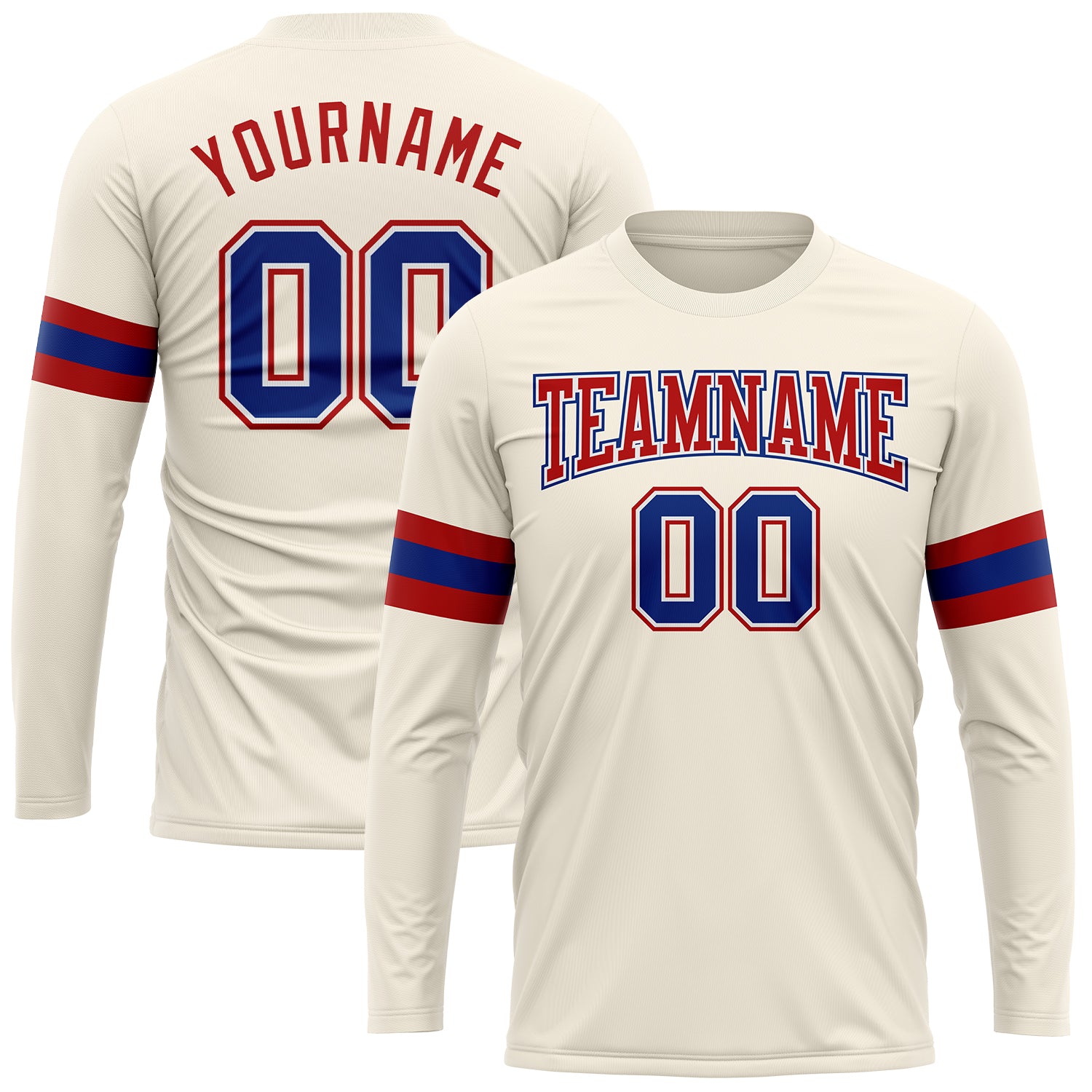 Custom Team Name Number Long Sleeve Performance T-Shirt in Cream Royal-Red - Personalized Athletic Wear Personalized Cream