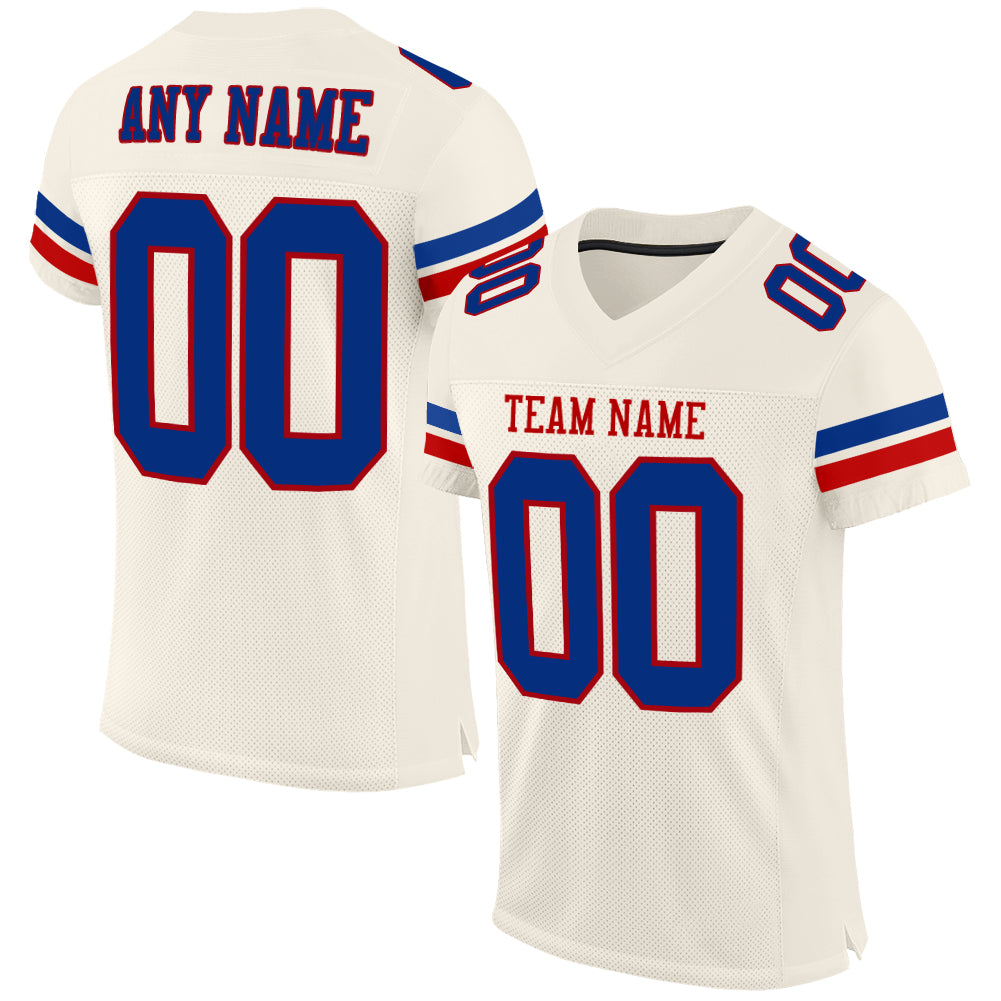 Custom Name and Number Authentic Football Jersey in Cream Royal-Red Mesh - Personalized Team Apparel Personalized Cream Royal-Red