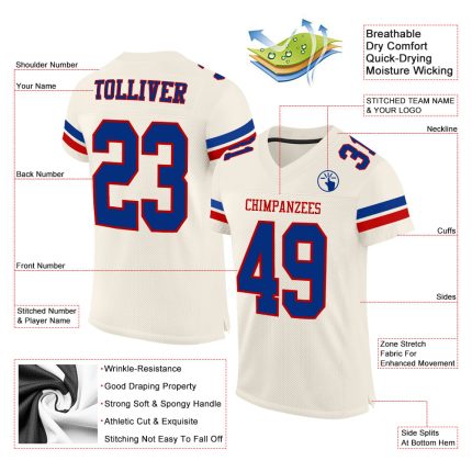 Personalized Royal Red Cream Mesh Football Jersey for Men and Women Personalized Cream Royal-Red Mesh Football Jersey