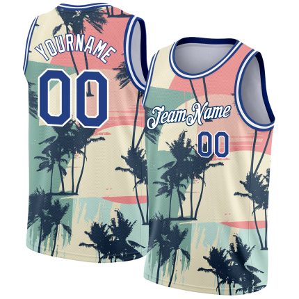 Custom Personalized Basketball Jersey with Tropical Hawaii Trees Design - Cream Royal-White 3D Pattern, Custom Name and Number