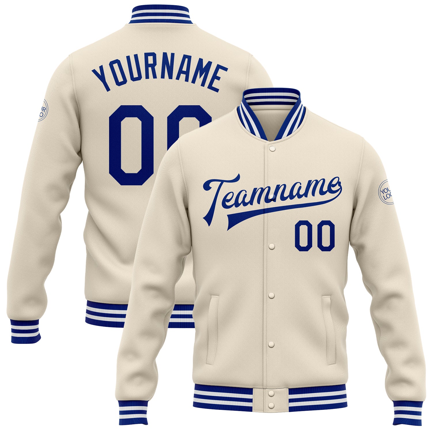Custom Name and Number Varsity Letterman Jacket in Cream Royal-White Full-Snap Bomber Style Personalized Cream Royal-White