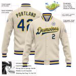 Personalized Royal-Yellow Bomber Varsity Letterman Jacket - Full-Snap Design Personalized Cream Royal-Yellow Bomber Full-Snap