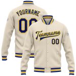 Personalized Royal-Yellow Bomber Varsity Letterman Jacket - Full-Snap Design Personalized Cream Royal-Yellow Bomber Full-Snap