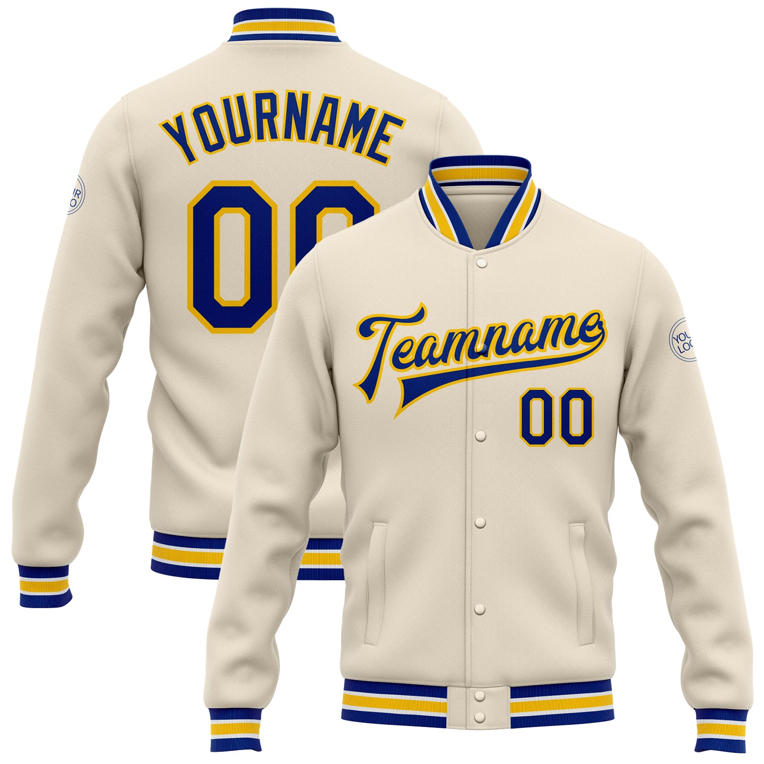 Custom Personalized Varsity Letterman Jacket Bomber in Cream Royal-Yellow with Team Name and Number Personalized Cream Royal-Yellow