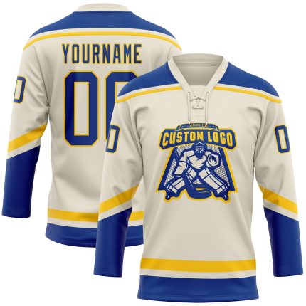 Custom Name and Number Personalized Hockey Jersey in Cream and Royal Yellow Lace Design Personalized Cream Royal-Yellow Hockey