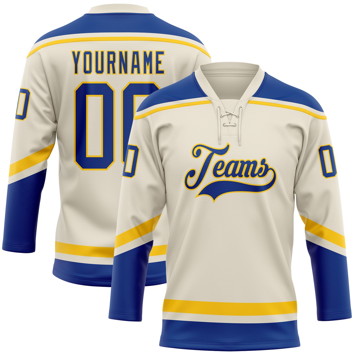 Custom Name and Number Personalized Hockey Jersey in Cream and Royal Yellow Lace Design Personalized Cream Royal-Yellow Hockey