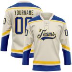 Personalized Royal-Yellow Hockey Jersey with Lace Neck, Custom Cream Design Personalized Cream Royal-Yellow Hockey Lace Neck
