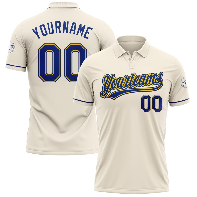 Custom Team Name and Number Performance Vapor Golf Polo Shirt - Personalized Cream Royal-Yellow Personalized Cream Royal-Yellow
