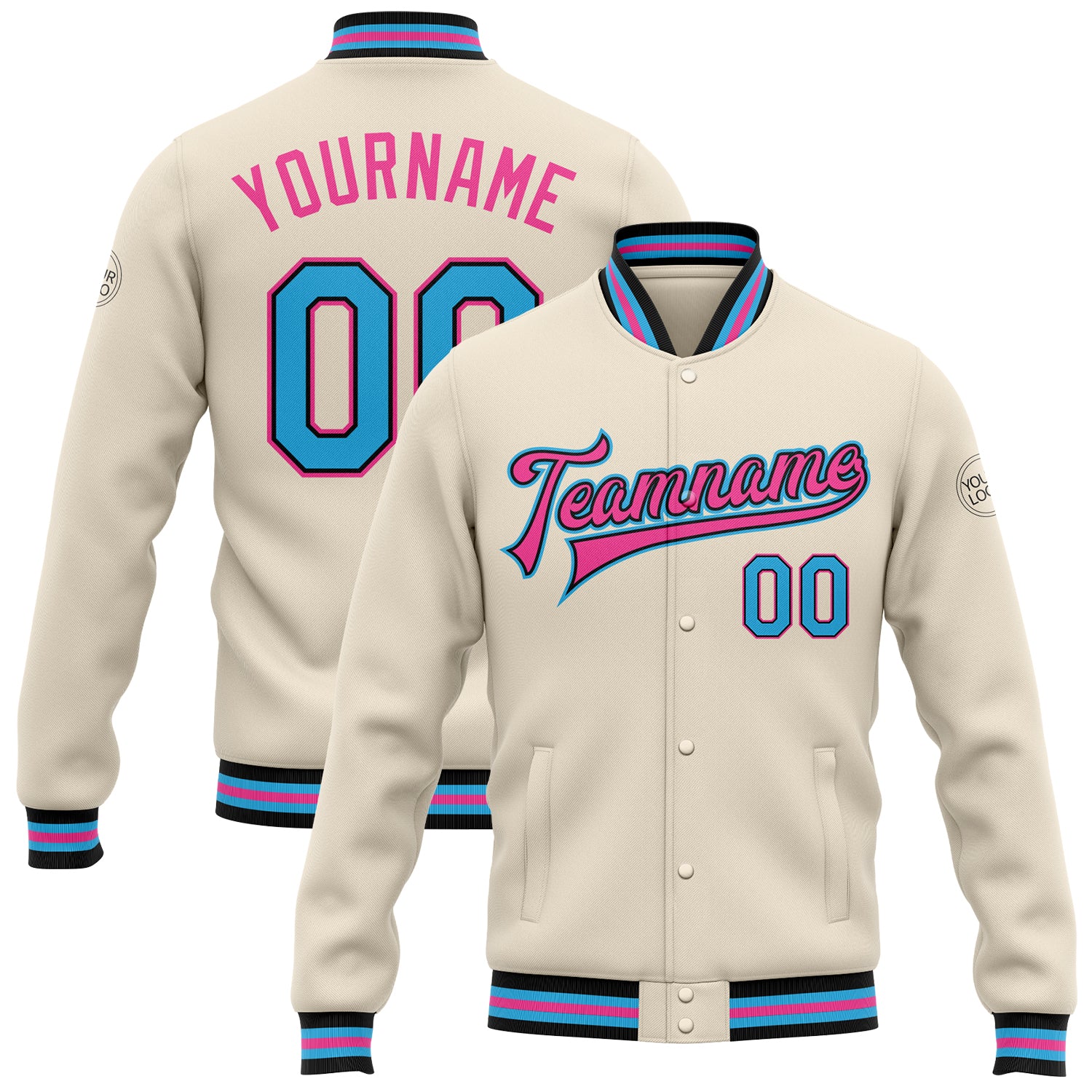 Custom Personalized Varsity Letterman Jacket Black-Pink Sky Blue Cream Full-Snap with Team Name and Number Personalized Cream