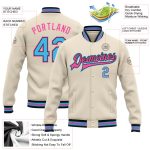 Personalized Sky Blue Black Pink Varsity Letterman Bomber Jacket - Full-Snap Cream Personalized Cream Sky Blue Black-Pink