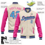Personalized Sky Blue Black Pink Two Tone Bomber Varsity Full-Snap Jacket Personalized Cream Sky Blue Black-Pink Bomber Full-Snap