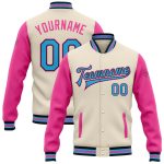 Personalized Sky Blue Black Pink Two Tone Bomber Varsity Full-Snap Jacket Personalized Cream Sky Blue Black-Pink Bomber Full-Snap
