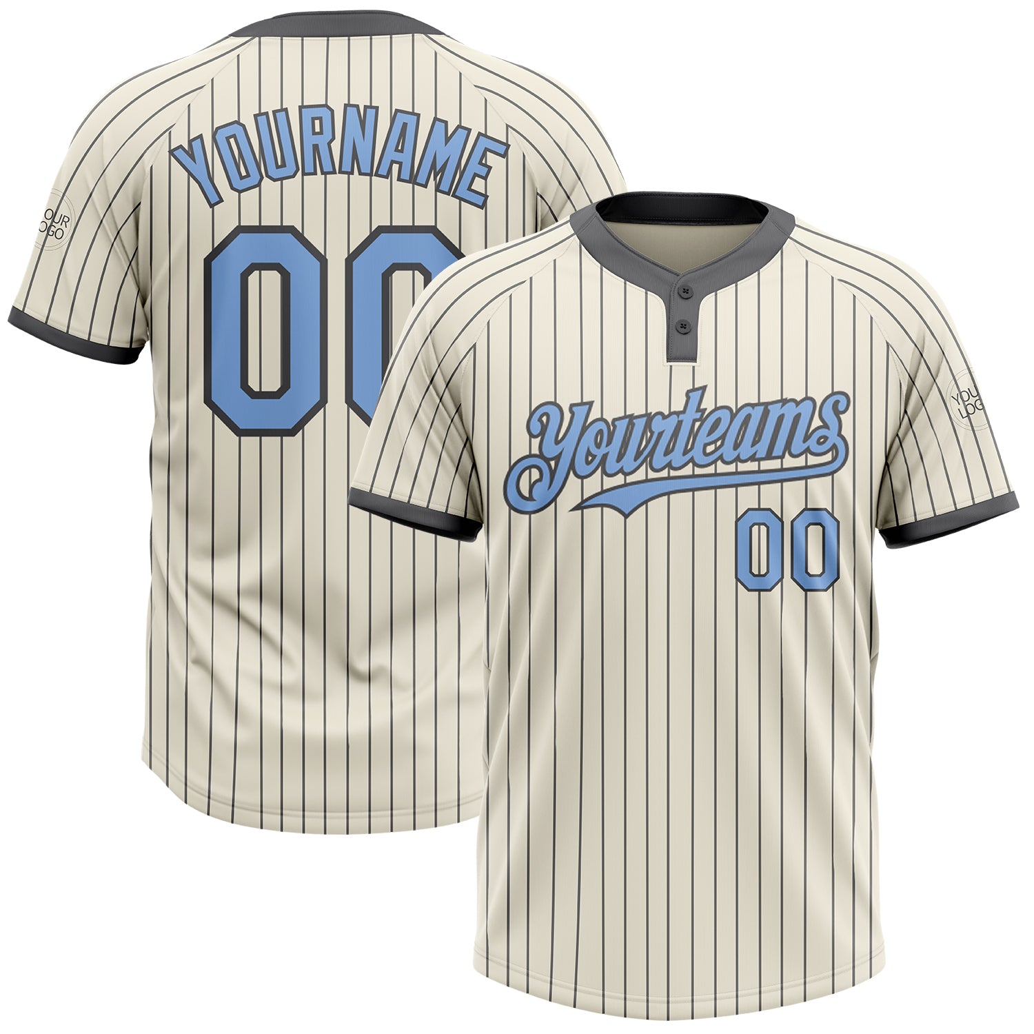 Personalized Light Blue Two-Button Unisex Softball Jersey - Cream Steel Gray Pinstripe Design Personalized Cream Steel Gray