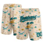 Personalized Hawaii Palm Trees Basketball Shorts Cream Teal-Black 3D Design Personalized Cream Teal-Black 3D Beach Hawaii