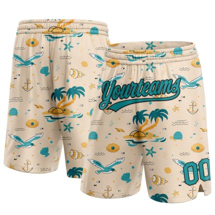 Personalized Hawaii Palm Trees Basketball Shorts Cream Teal-Black 3D Design Personalized Cream Teal-Black 3D Beach Hawaii