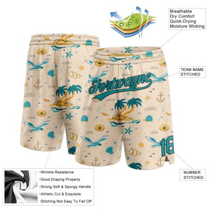 Custom Name Number Basketball Shorts Hawaii Palm Trees 3D Pattern Teal Black Cream Beach Authentic Personalized Cream Teal-Black