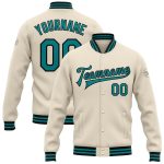 Personalized Bomber Jacket in Cream Teal-Black Full-Snap Varsity Style Personalized Cream Teal-Black Bomber Full-Snap Varsity