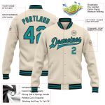 Personalized Bomber Jacket in Cream Teal-Black Full-Snap Varsity Style Personalized Cream Teal-Black Bomber Full-Snap Varsity