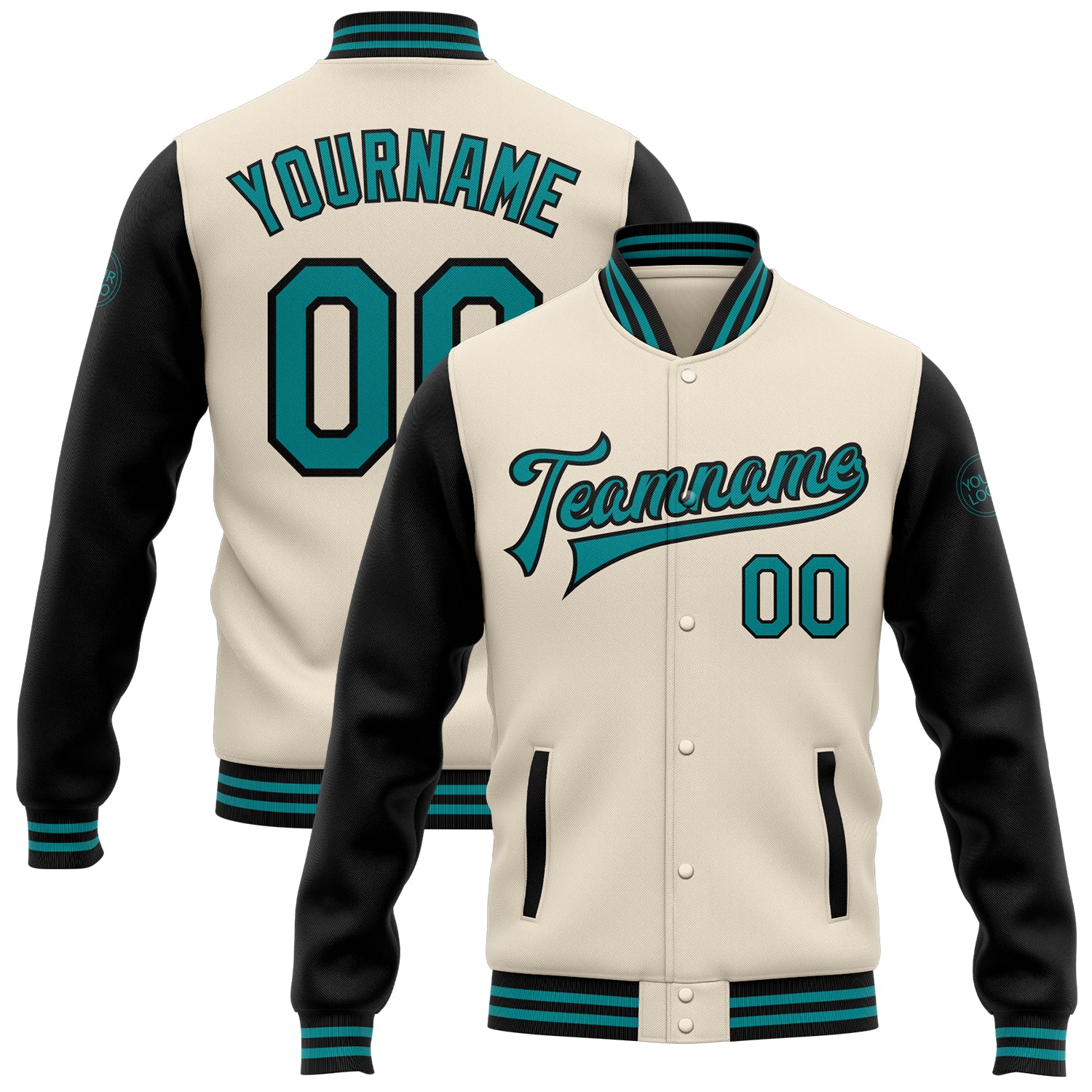 Custom Name and Number Bomber Varsity Letterman Jacket Teal Black Two Tone Personalized Full-Snap Team Gear Personalized