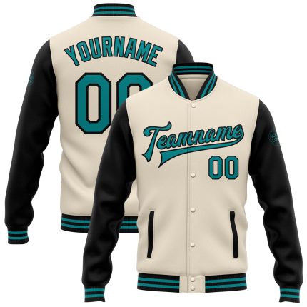 Custom Teal Black Varsity Jacket Full-Snap Two Tone Bomber Letterman for Men and Women Personalized Cream Teal-Black Bomber