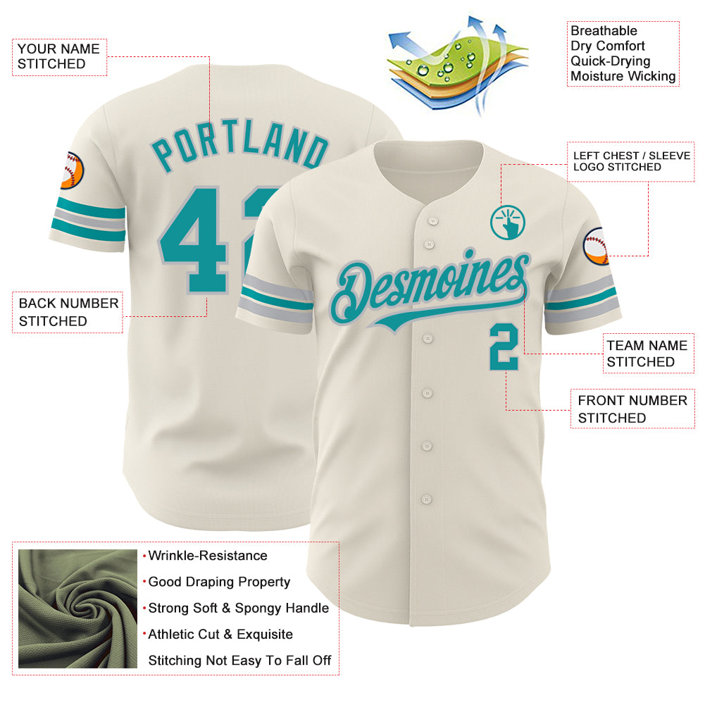 Personalized Cream Teal-Gray Baseball Jersey 2 Personalized Teal-Gray Cream Baseball Jersey for Men and Women Personalized Cream Teal-Gray Baseball Jersey 2 - Image 3