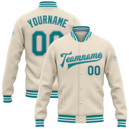 Personalized Varsity Letterman Jacket in Cream Teal-Gray Full-Snap Bomber Style Personalized Cream Teal-Gray Bomber Full-Snap