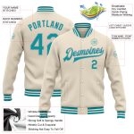 Personalized Varsity Letterman Jacket in Cream Teal-Gray Full-Snap Bomber Style Personalized Cream Teal-Gray Bomber Full-Snap