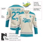 Personalized Hockey Jersey - Cream Teal Gray Lace Neck Design Personalized Cream Teal-Gray Hockey Lace Neck Jersey