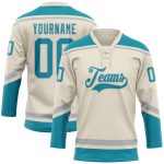 Personalized Hockey Jersey - Cream Teal Gray Lace Neck Design Personalized Cream Teal-Gray Hockey Lace Neck Jersey