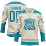 Personalized Hockey Jersey - Cream Teal Gray Lace Neck Design Personalized Cream Teal-Gray Hockey Lace Neck Jersey