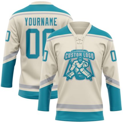 Custom Name and Number Personalized Cream Teal-Gray Hockey Jersey - Lace Neck Team Apparel Personalized Cream Teal-Gray Hockey