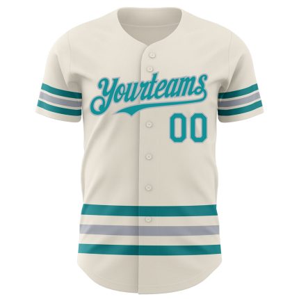Personalized Teal Gray Line Baseball Jersey - Custom Cream Team Shirt Personalized Cream Teal-Gray Line Baseball Jersey