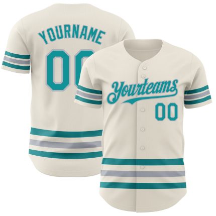 Personalized Teal Gray Line Baseball Jersey - Custom Cream Team Shirt Personalized Cream Teal-Gray Line Baseball Jersey