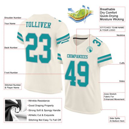 Custom Name and Number Personalized Football Jersey in Cream Teal-Gray Mesh Personalized Cream Teal-Gray Mesh Authentic Football
